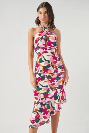 Monet Mojito Floral Asymmetrical Ruched Midi Halter Dress